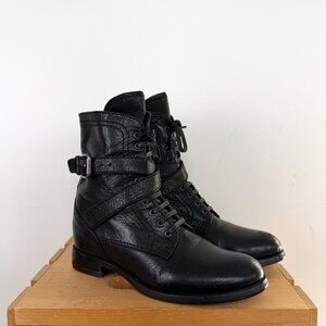 Authentic Prada Black Leather Lace Up Buckle Wrap Ankle Moto Boots Size 36.5